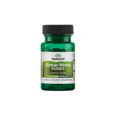 Swanson's Ginkgo Biloba Extract, labeled for cognitive health and memory support, comes in a green bottle with 30 capsules, each at 60 mg.
